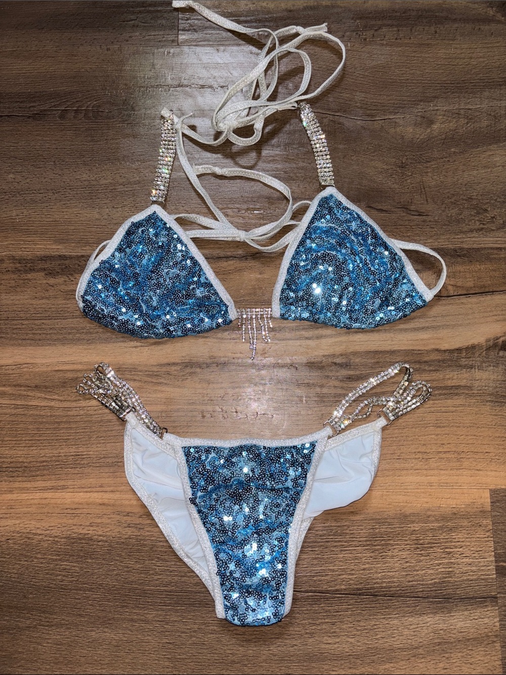 Blue Sequin Two-Piece Bikini with Rhinestone Straps